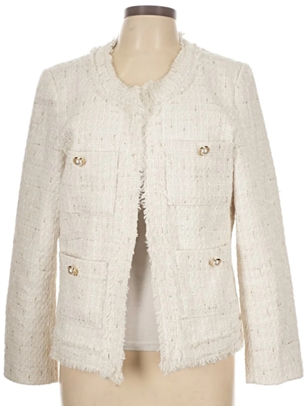 Nanette Lepore Cream Tweed Fringe Jacket with Gold Buttons